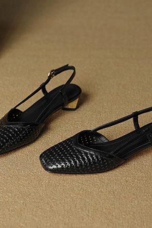 Chunky Heeled Hollow Out Open-Toe Sandals for Women - Summer Genuine Leather Backless Footwear - 3CM Comfort Sole