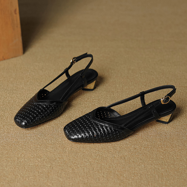 Chunky Heeled Hollow Out Open-Toe Sandals for Women - Summer Genuine Leather Backless Footwear - 3CM Comfort Sole Chunky Heeled Hollow Out Open-Toe Sandals for Women - Summer Genuine Leather Backless Footwear - 3CM Comfort Sole