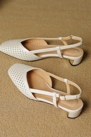 Chunky Heeled Hollow Out Open-Toe Sandals for Women - Summer Genuine Leather Backless Footwear - 3CM Comfort Sole