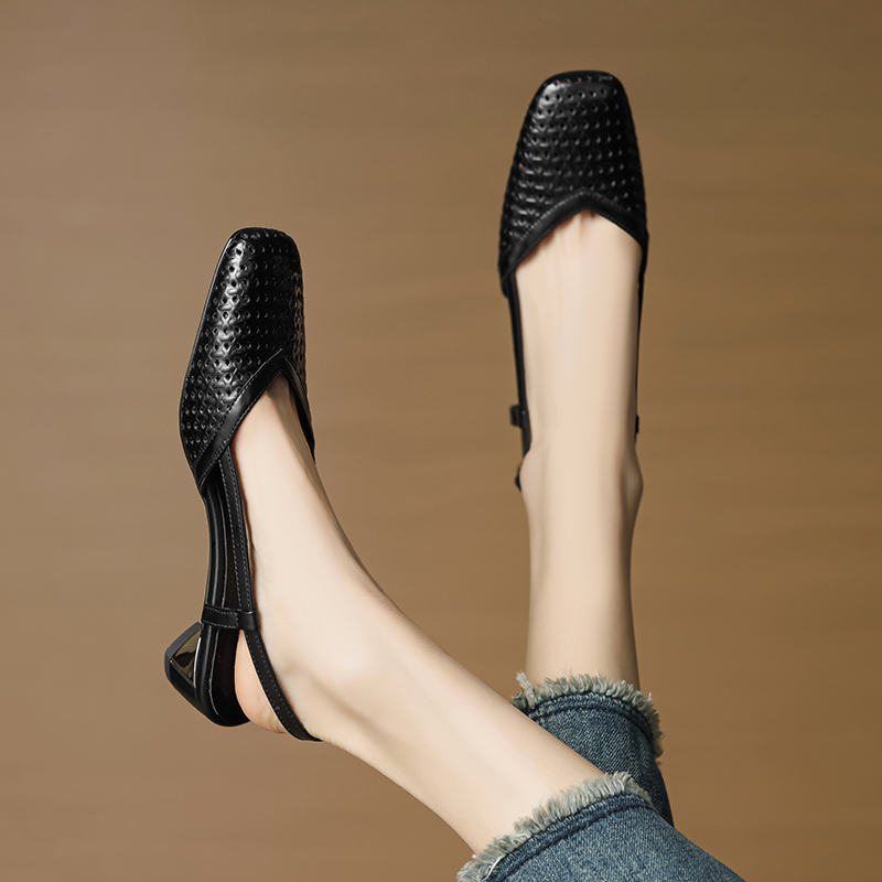 Chunky Heeled Hollow Out Open-Toe Sandals for Women - Summer Genuine Leather Backless Footwear - 3CM Comfort Sole Chunky Heeled Hollow Out Open-Toe Sandals for Women - Summer Genuine Leather Backless Footwear - 3CM Comfort Sole