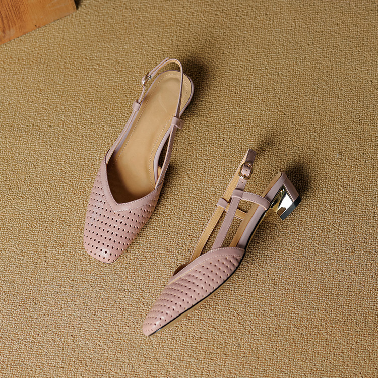 Chunky Heeled Hollow Out Open-Toe Sandals for Women - Summer Genuine Leather Backless Footwear - 3CM Comfort Sole Chunky Heeled Hollow Out Open-Toe Sandals for Women - Summer Genuine Leather Backless Footwear - 3CM Comfort Sole