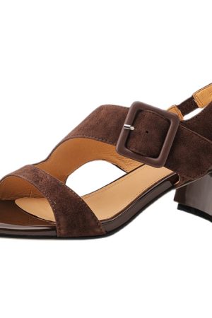 Chunky-Heeled Women's Genuine Leather Retro One-Strap Buckle Open-Toe Square-Toe Shoes - Italian Style Fashion Footwear