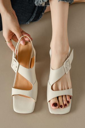 Chunky-Heeled Women's Genuine Leather Retro One-Strap Buckle Open-Toe Square-Toe Shoes - Italian Style Fashion Footwear
