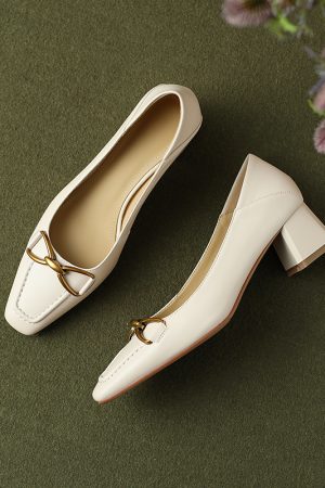 Chunky High Heels for Women - Retro French Literary Style Genuine Leather Two-Way Wear with Metal Buckle