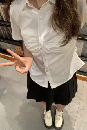 Cinch Waist Short-Sleeve Shirt, Japanese College Style Top, Spicy Girl Outfit, Spring/Summer Women's Fashion
