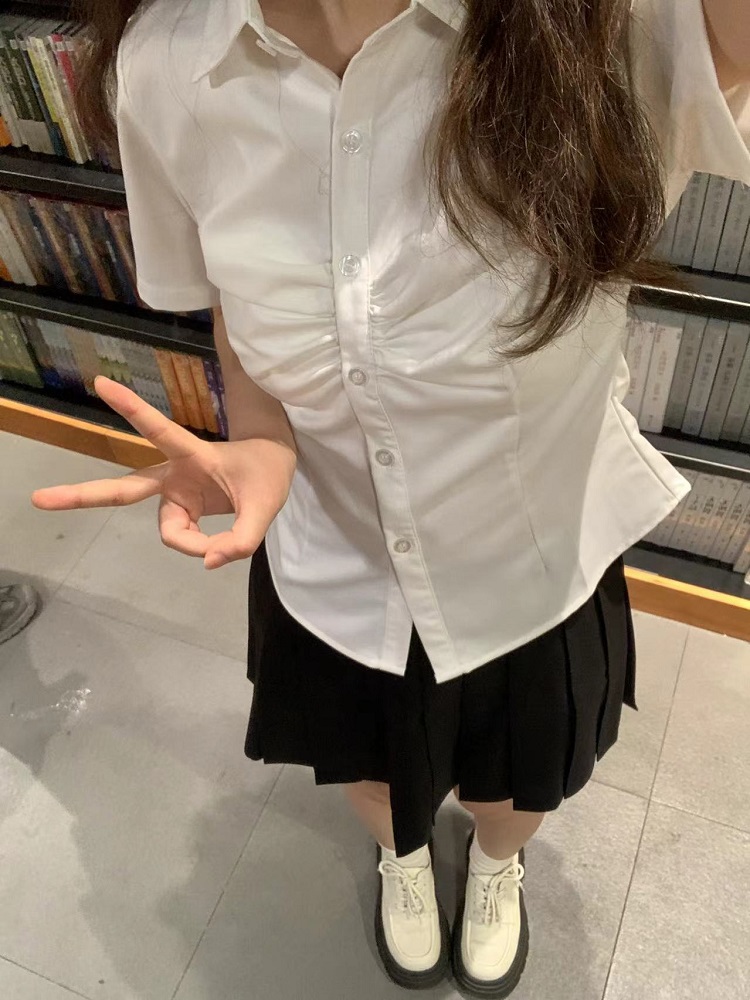 Cinch Waist Short-Sleeve Shirt, Japanese College Style Top, Spicy Girl Outfit, Spring/Summer Women's Fashion Cinch Waist Short-Sleeve Shirt, Japanese College Style Top, Spicy Girl Outfit, Spring/Summer Women's Fashion
