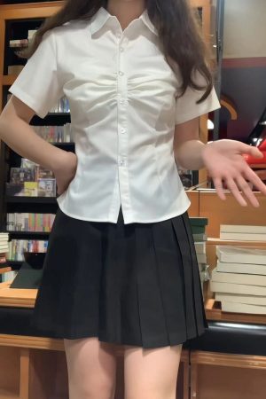 Cinch Waist Short-Sleeve Shirt, Japanese College Style Top, Spicy Girl Outfit, Spring/Summer Women's Fashion