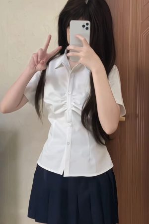 Cinch Waist Short-Sleeve Shirt, Japanese College Style Top, Spicy Girl Outfit, Spring/Summer Women's Fashion