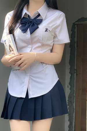 Cinch Waist White and Blue JK Uniform Shirt for Women - Pudding Bear Inspired Niche Top for Spring and Autumn Fashion