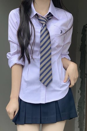 Cinch Waist White and Blue JK Uniform Shirt for Women - Pudding Bear Inspired Niche Top for Spring and Autumn Fashion