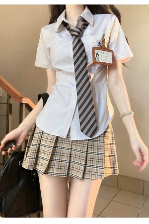 Cinch Waist White and Blue JK Uniform Shirt for Women - Pudding Bear Inspired Niche Top for Spring and Autumn Fashion