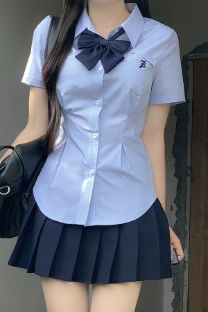 Cinch Waist White and Blue JK Uniform Shirt for Women - Pudding Bear Inspired Niche Top for Spring and Autumn Fashion