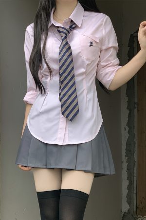 Cinch Waist White and Blue JK Uniform Shirt for Women - Pudding Bear Inspired Niche Top for Spring and Autumn Fashion
