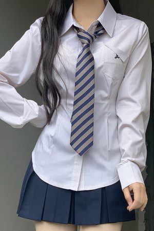 Cinch Waist White and Blue JK Uniform Shirt for Women - Pudding Bear Inspired Niche Top for Spring and Autumn Fashion