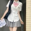 Cinch Waist White and Blue JK Uniform Shirt for Women - Pudding Bear Inspired Niche Top for Spring and Autumn Fashion