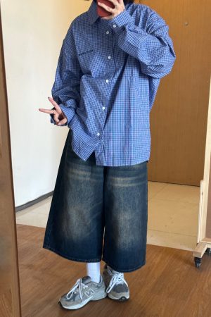 Classic Blue Check Long-Sleeve Shirt for Men - Flattering Fit, Loose Casual Style, Perfect for Couples, 90s Inspired Fashion