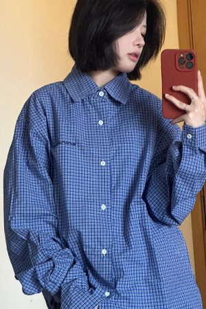Classic Blue Check Long-Sleeve Shirt for Men - Flattering Fit, Loose Casual Style, Perfect for Couples, 90s Inspired Fashion