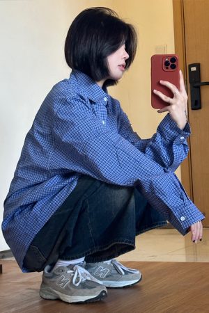 Classic Blue Check Long-Sleeve Shirt for Men - Flattering Fit, Loose Casual Style, Perfect for Couples, 90s Inspired Fashion