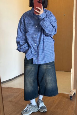 Classic Blue Check Long-Sleeve Shirt for Men - Flattering Fit, Loose Casual Style, Perfect for Couples, 90s Inspired Fashion
