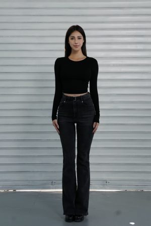Classic Washed High-Waisted Flared Jeans for Women - Vintage 90s Style, Trendy Casual Denim Trousers
