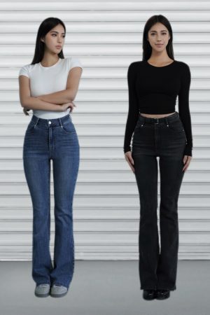 Classic Washed High-Waisted Flared Jeans for Women - Vintage 90s Style, Trendy Casual Denim Trousers