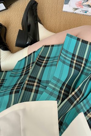 Coastal Pudding Bear JK Uniform Women's Checkered Pleated Half Skirt - Summer School Style, Cute Y2K Fashion