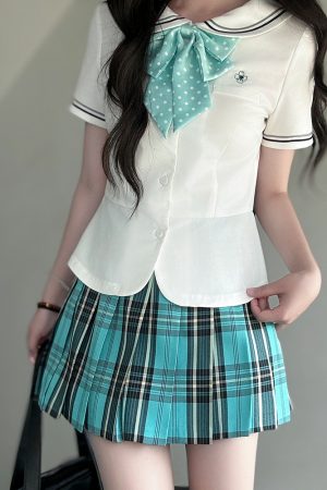 Coastal Pudding Bear JK Uniform Women's Checkered Pleated Half Skirt - Summer School Style, Cute Y2K Fashion