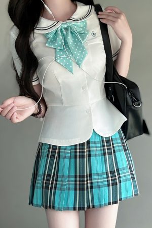 Coastal Pudding Bear JK Uniform Women's Checkered Pleated Half Skirt - Summer School Style, Cute Y2K Fashion