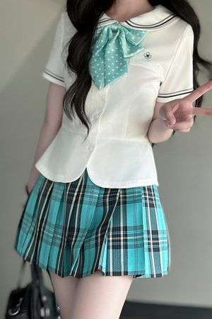 Coastal Pudding Bear JK Uniform Women's Checkered Pleated Half Skirt - Summer School Style, Cute Y2K Fashion