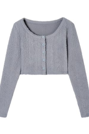 Coffee Color Floral Gray Layered Minimalist Plush Knitted Cardigan for Autumn and Winter