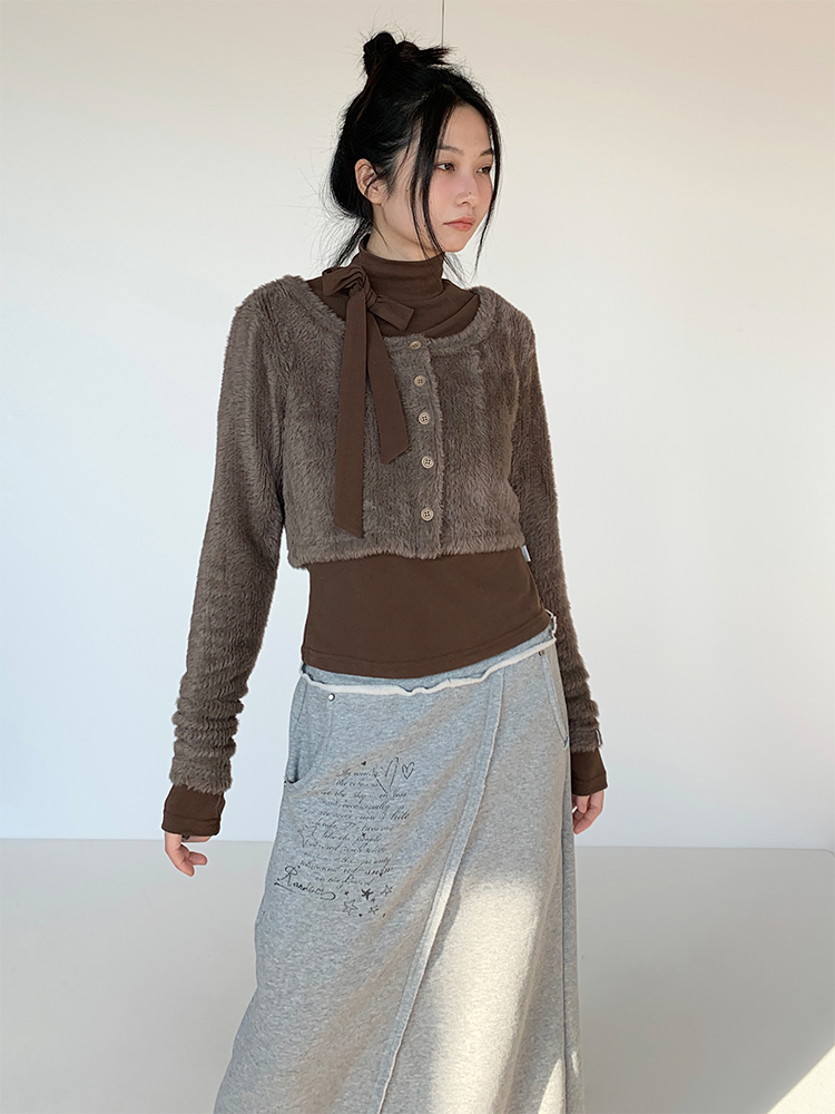 Coffee Color Floral Gray Layered Minimalist Plush Knitted Cardigan for Autumn and Winter Coffee Color Floral Gray Layered Minimalist Plush Knitted Cardigan for Autumn and Winter