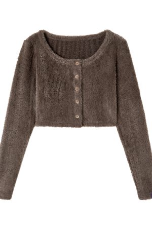 Coffee Color Floral Gray Layered Minimalist Plush Knitted Cardigan for Autumn and Winter