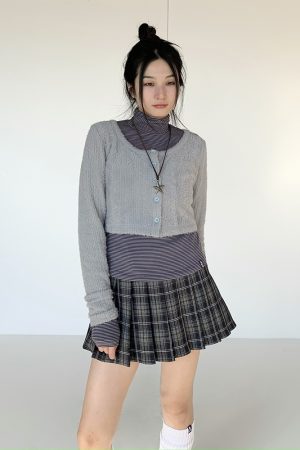 Coffee Color Floral Gray Layered Minimalist Plush Knitted Cardigan for Autumn and Winter