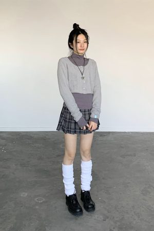 Coffee Color Floral Gray Layered Minimalist Plush Knitted Cardigan for Autumn and Winter