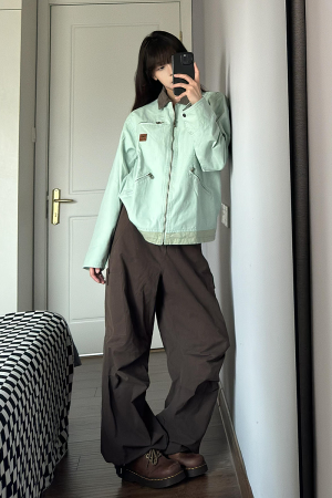 Coffee-Colored Women's Loose Straight-Leg Cargo Pants with Draping - American High Street Casual Floor-Length Style