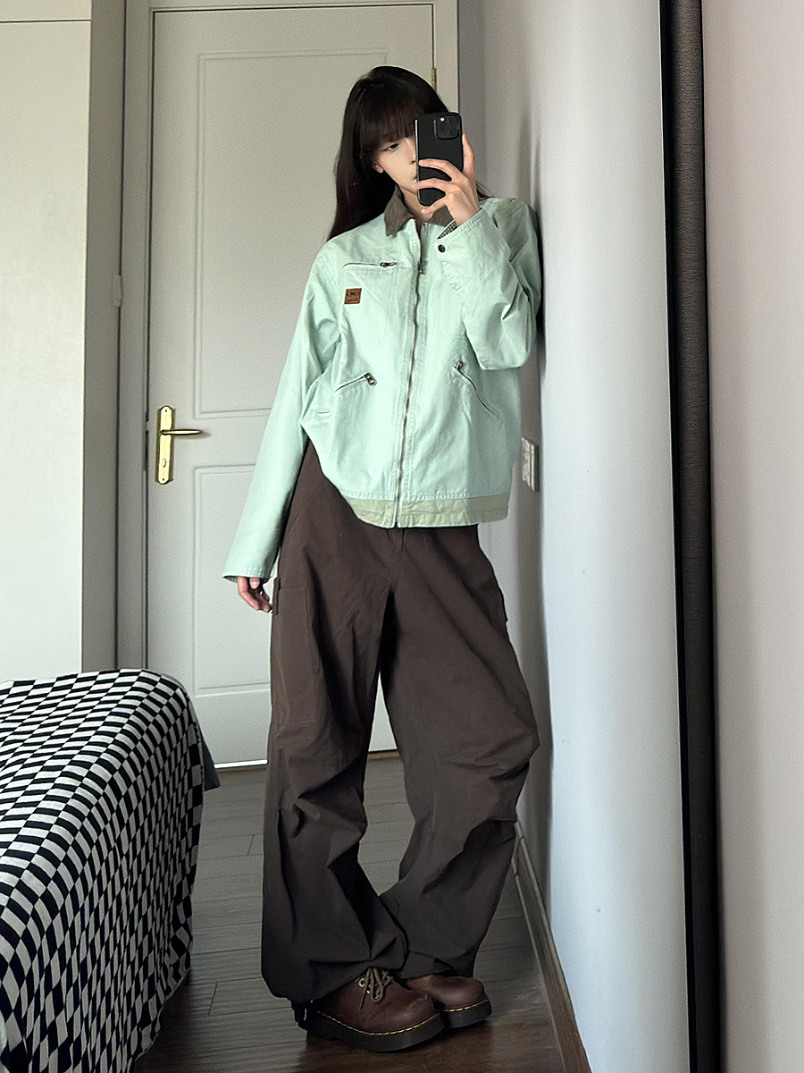 Coffee-Colored Women's Loose Straight-Leg Cargo Pants with Draping - American High Street Casual Floor-Length Style Coffee-Colored Women's Loose Straight-Leg Cargo Pants with Draping - American High Street Casual Floor-Length Style