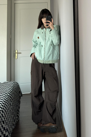 Coffee-Colored Women's Loose Straight-Leg Cargo Pants with Draping - American High Street Casual Floor-Length Style