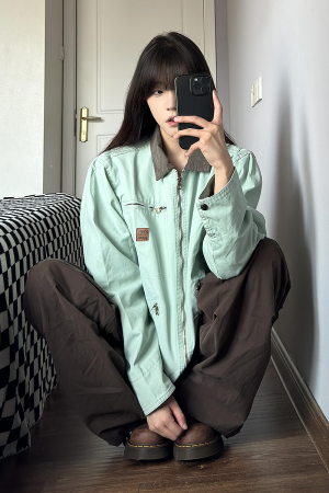 Coffee-Colored Women's Loose Straight-Leg Cargo Pants with Draping - American High Street Casual Floor-Length Style