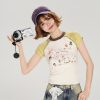 Color-Block Cartoon Illustration Short Sleeve T-Shirt for Women - Retro 90s Slim-Fit Summer Top