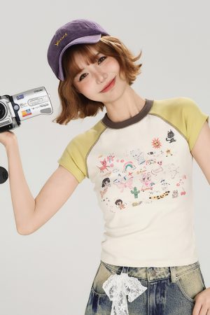 Color-Block Cartoon Illustration Short Sleeve T-Shirt for Women - Retro 90s Slim-Fit Summer Top