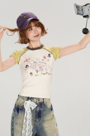 Color-Block Cartoon Illustration Short Sleeve T-Shirt for Women - Retro 90s Slim-Fit Summer Top
