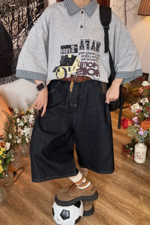 Color Block Cartoon Short Sleeve Shirt - Handmade American Retro Fake Two-Piece Polo Top for Women - Summer Fashion Casual Wear