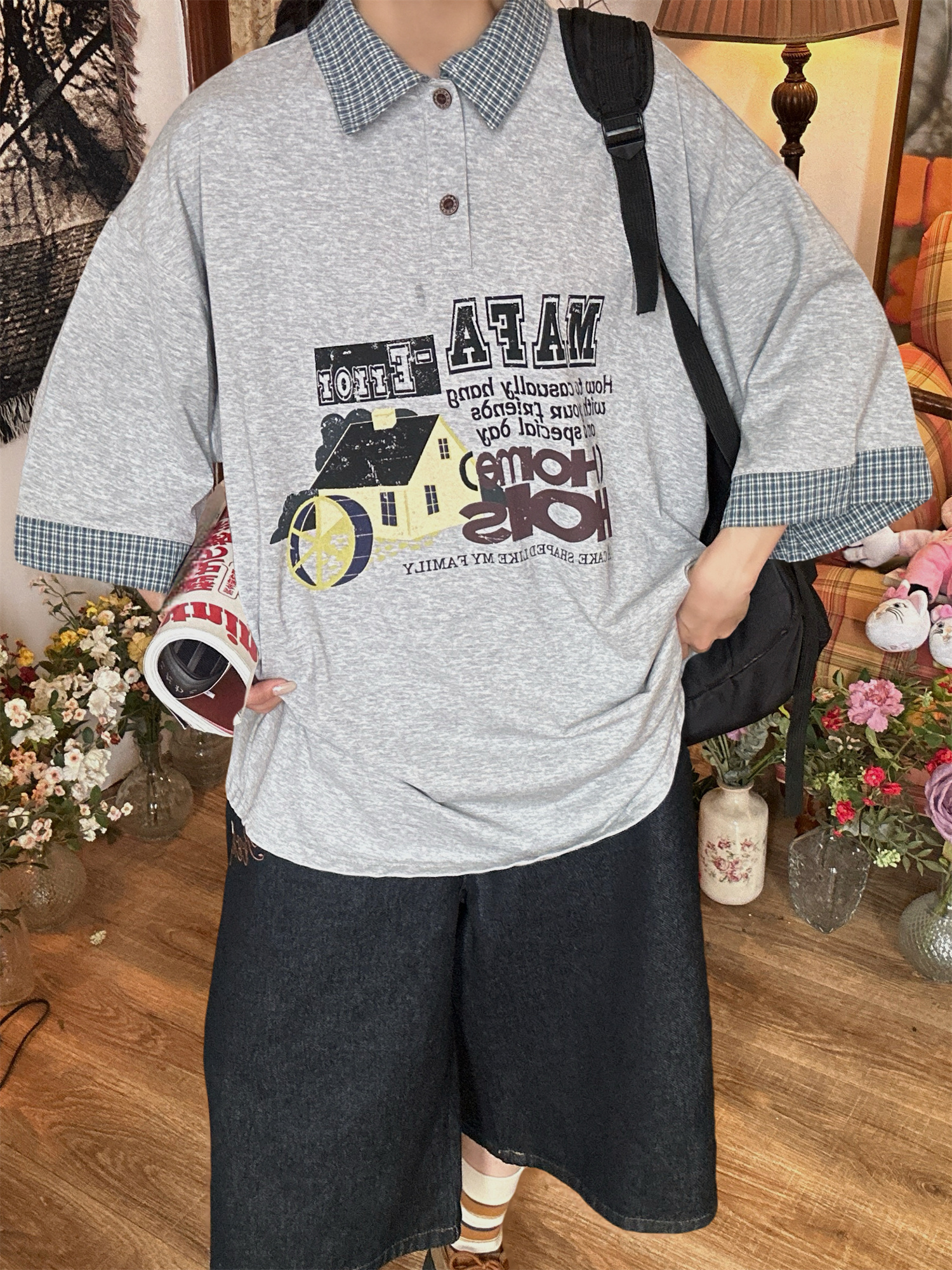 Color Block Cartoon Short Sleeve Shirt - Handmade American Retro Fake Two-Piece Polo Top for Women - Summer Fashion Casual Wear Color Block Cartoon Short Sleeve Shirt - Handmade American Retro Fake Two-Piece Polo Top for Women - Summer Fashion Casual Wear