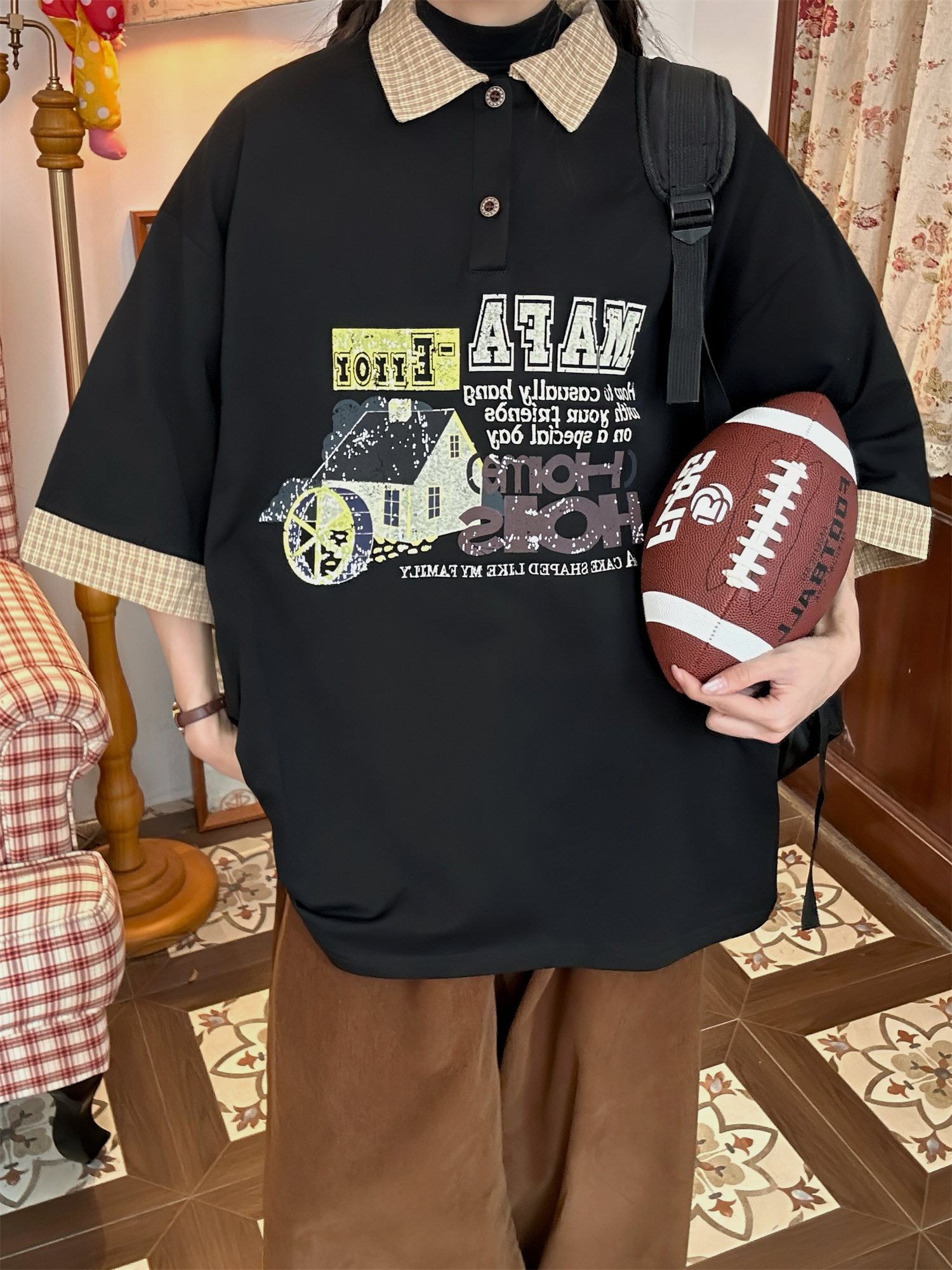 Color Block Cartoon Short Sleeve Shirt - Handmade American Retro Fake Two-Piece Polo Top for Women - Summer Fashion Casual Wear Color Block Cartoon Short Sleeve Shirt - Handmade American Retro Fake Two-Piece Polo Top for Women - Summer Fashion Casual Wear