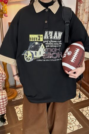 Color Block Cartoon Short Sleeve Shirt - Handmade American Retro Fake Two-Piece Polo Top for Women - Summer Fashion Casual Wear