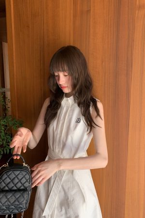 Color-Block Embroidered Sleeveless Shirt Dress for Women - Summer A-Line Waist-Cinching Style, Trendy French Design