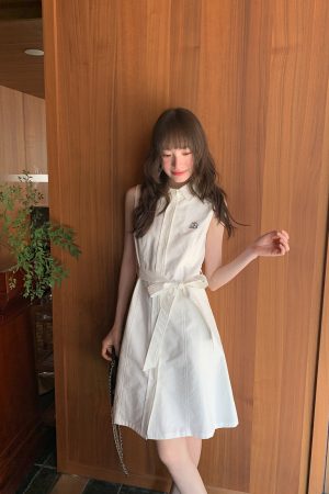 Color-Block Embroidered Sleeveless Shirt Dress for Women - Summer A-Line Waist-Cinching Style, Trendy French Design