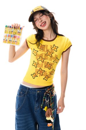 Color Block Graffiti Short Sleeve T-Shirt for Women - Summer Casual Versatile Top, Y2K Aesthetic