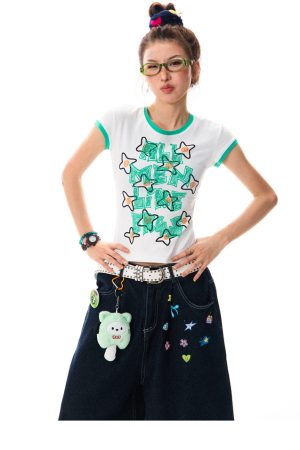 Color Block Graffiti Short Sleeve T-Shirt for Women - Summer Casual Versatile Top, Y2K Aesthetic