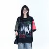 Color-Block Graffiti T-Shirt for Women - American Industrial Style, Loose Fit Short Sleeve, Trendy Streetwear Design